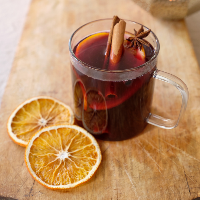 Mulled wine in glass mug