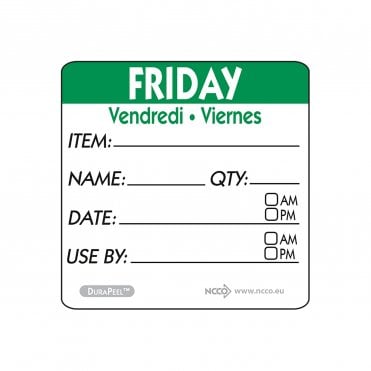 Trilingual Item/Date/Use By DuraPeel Labels 50mm Friday | Box of 500