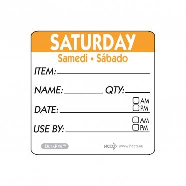 Trilingual Item/Date/Use By DuraPeel Labels 50mm Saturday | Box of 500
