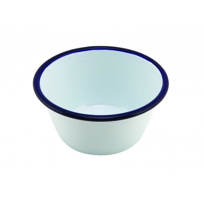 Genware Enamel Round Deep Pie Dish White & Blue 12cm | Box of 12